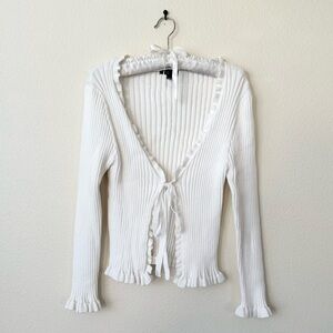 Delias x Dolls Kill Ribbed Knit Cardigan w Lettuce Hem & Ribbon Tie Front L/XL